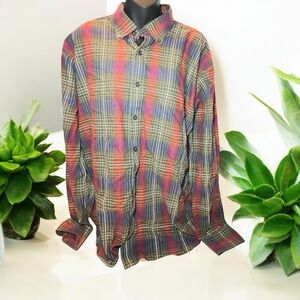 Alan Flusser Mens Classic Colorful Plaid Button Down Shirt 100% Cotton Size XL